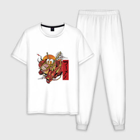 Мужская пижама хлопок с принтом Красный Дракон Рамен в Новосибирске, 100% хлопок | брюки и футболка прямого кроя, без карманов, на брюках мягкая резинка на поясе и по низу штанин
 | Тематика изображения на принте: anime | art | bowl | japan | kanji | manga | ramen | red dragon | soup | аниме про еду | аниме про рамен | анимешник | арт | боул | иероглифы | йероглифы | кандзи | кафе из другого мира | китайский дракон | лапша | манга | миска