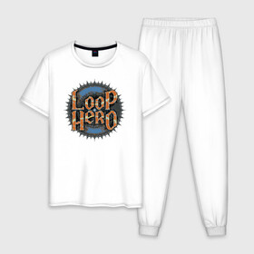 Мужская пижама хлопок с принтом Loop Hero лого в Новосибирске, 100% хлопок | брюки и футболка прямого кроя, без карманов, на брюках мягкая резинка на поясе и по низу штанин
 | Тематика изображения на принте: games | knight | logo | loop hero | magic | rogue like | russia | steam | sword | герой петли | игры | лого | магия | меч | рогалик | россия | рыцарь | стим