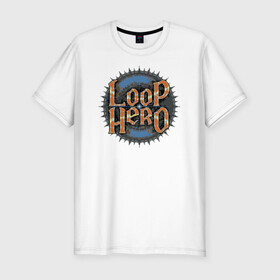 Мужская футболка хлопок Slim с принтом Loop Hero лого в Новосибирске, 92% хлопок, 8% лайкра | приталенный силуэт, круглый вырез ворота, длина до линии бедра, короткий рукав | games | knight | logo | loop hero | magic | rogue like | russia | steam | sword | герой петли | игры | лого | магия | меч | рогалик | россия | рыцарь | стим