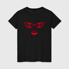 Женская футболка хлопок с принтом Красные очки с красными губами в Новосибирске, 100% хлопок | прямой крой, круглый вырез горловины, длина до линии бедер, слегка спущенное плечо | for stylish | gradient | kiss | lipstick | plump lips | red lips | градиент | для стильных | красные губы | красные очки | модные очки | помада | поцелуй | пухлые губы