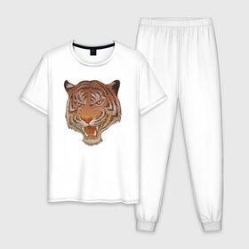 Мужская пижама хлопок с принтом Голова тигра в Новосибирске, 100% хлопок | брюки и футболка прямого кроя, без карманов, на брюках мягкая резинка на поясе и по низу штанин
 | голова тигра | животное | клыки | крупные кошки | пасть | тигр | хищник