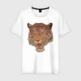 Мужская футболка хлопок с принтом Голова тигра в Новосибирске, 100% хлопок | прямой крой, круглый вырез горловины, длина до линии бедер, слегка спущенное плечо. | голова тигра | животное | клыки | крупные кошки | пасть | тигр | хищник