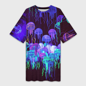 Платье-футболка 3D с принтом Неоновые медузы в Новосибирске,  |  | вода | животные | медузы | неон | неоновые