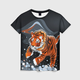 Женская футболка 3D с принтом АМУРСКИЙ ТИГР в Новосибирске, 100% полиэфир ( синтетическое хлопкоподобное полотно) | прямой крой, круглый вырез горловины, длина до линии бедер | амурский тигр | с животными | с тигром | сибирский | тайга