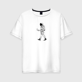 Женская футболка хлопок Oversize с принтом Космонавт с кофе в Новосибирске, 100% хлопок | свободный крой, круглый ворот, спущенный рукав, длина до линии бедер
 | астронавт | день космонавтики | космонавт | кофе | полет