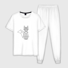 Мужская пижама хлопок с принтом Лиса оригами в Новосибирске, 100% хлопок | брюки и футболка прямого кроя, без карманов, на брюках мягкая резинка на поясе и по низу штанин
 | геометрическая лиса | кицунэ | лиса | лисичка | оригами | рыжая