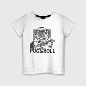 Детская футболка хлопок с принтом Pug & Roll в Новосибирске, 100% хлопок | круглый вырез горловины, полуприлегающий силуэт, длина до линии бедер | dog | drawing | guitar | music | pop art | pug | rock and roll | гитара | мопс | музыка | очки | пес | поп арт | рисунок | рок н ролл | собака