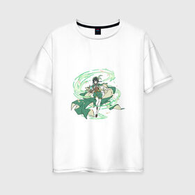 Женская футболка хлопок Oversize с принтом Венти в Новосибирске, 100% хлопок | свободный крой, круглый ворот, спущенный рукав, длина до линии бедер
 | арт | барбатос | бог ветра | венти | дух ветра ветер | лепестки | лепесток | милый парень | рисунок | цветок | цветы