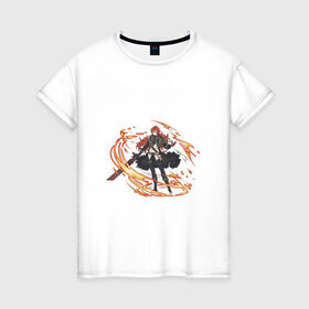 Женская футболка хлопок с принтом Дилюк в Новосибирске, 100% хлопок | прямой крой, круглый вырез горловины, длина до линии бедер, слегка спущенное плечо | арт | волчья погибель | дилюк | меч | милый парень | огонь | пламя | рисунок