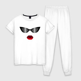 Женская пижама хлопок с принтом Черные очки с красными губами в Новосибирске, 100% хлопок | брюки и футболка прямого кроя, без карманов, на брюках мягкая резинка на поясе и по низу штанин | for stylish | gradient | kiss | lipstick | plump lips | red lips | градиент | для стильных | красные губы | модные очки | помада | поцелуй | пухлые губы | черные очки