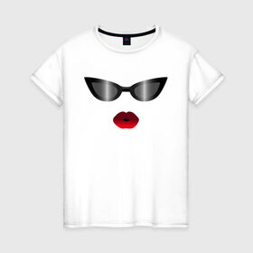 Женская футболка хлопок с принтом Черные очки с красными губами в Новосибирске, 100% хлопок | прямой крой, круглый вырез горловины, длина до линии бедер, слегка спущенное плечо | for stylish | gradient | kiss | lipstick | plump lips | red lips | градиент | для стильных | красные губы | модные очки | помада | поцелуй | пухлые губы | черные очки