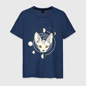 Мужская футболка хлопок с принтом Космический кот сфинкс в Новосибирске, 100% хлопок | прямой крой, круглый вырез горловины, длина до линии бедер, слегка спущенное плечо. | earth | fruit | galaxy | geometry | mars | moon | planet | satellite | saturn | space | sphynx cat | sputnik | галактика | геометрия | звезды | земля | космос | луна | марс | планеты | половина яблока | саттелит | сатурн | созвездия | спутник