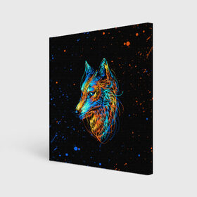 Холст квадратный с принтом КРАСОЧНЫЙ ВОЛК в Новосибирске, 100% ПВХ |  | colors | dog | paints | wolf | брызги | волк | деревья | красивый лес | краски | лес | листья | природа | собака | темный лес