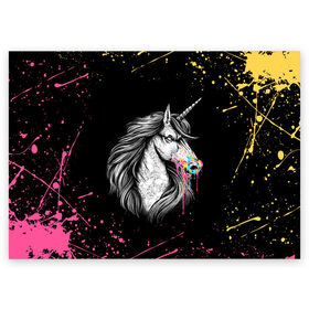 Поздравительная открытка с принтом ЕДИНОРОГ | UNICORN RAINBOW в Новосибирске, 100% бумага | плотность бумаги 280 г/м2, матовая, на обратной стороне линовка и место для марки
 | Тематика изображения на принте: abstraction | color | colors | dab | geometry | hexagon | paints | pony | rainbow | unicornis dab | абстракция | брызги | геометрия | даб | единорог | единорог радуга | животные | краски | красочные | ляпистые | неон | неоновый | пони | радуга |