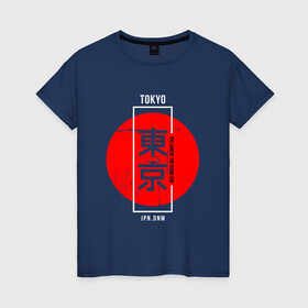 Женская футболка хлопок с принтом ТОКИО | Логотип в Новосибирске, 100% хлопок | прямой крой, круглый вырез горловины, длина до линии бедер, слегка спущенное плечо | japan | tokyo | иероглифы | кандзи | красный | круг | солнце | токио | япония