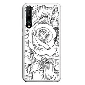 Чехол для Honor P30 с принтом Тату цветы в Новосибирске, Силикон | Область печати: задняя сторона чехла, без боковых панелей | белый | лилия | подсолнух | роза | тату | цветы | черный
