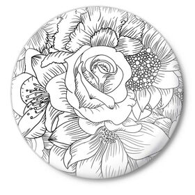 Значок с принтом Тату цветы в Новосибирске,  металл | круглая форма, металлическая застежка в виде булавки | белый | лилия | подсолнух | роза | тату | цветы | черный