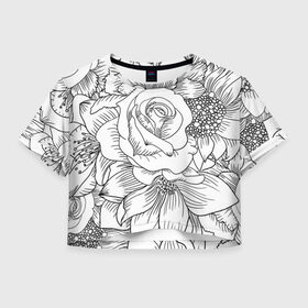 Женская футболка Crop-top 3D с принтом Тату цветы в Новосибирске, 100% полиэстер | круглая горловина, длина футболки до линии талии, рукава с отворотами | белый | лилия | подсолнух | роза | тату | цветы | черный