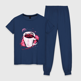 Женская пижама хлопок с принтом Космическая чашка кофе в Новосибирске, 100% хлопок | брюки и футболка прямого кроя, без карманов, на брюках мягкая резинка на поясе и по низу штанин | coffee | liquid | mily way | moon | morning | nebula | planet | space | symbol | внутри кружки | галактика | жидкость | код | космос | кружка | кружка с кофе | луна | млечный путь | планета | программист | символы | спутник sputnik | 