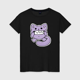 Женская футболка хлопок с принтом Кот зубастик в Новосибирске, 100% хлопок | прямой крой, круглый вырез горловины, длина до линии бедер, слегка спущенное плечо | зубастик | зубастый | кот | котик. | мультяшный | фиолетовый