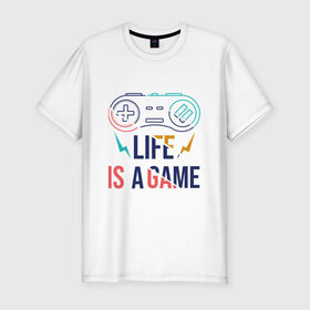 Мужская футболка хлопок Slim с принтом жизнь - игра в Новосибирске, 92% хлопок, 8% лайкра | приталенный силуэт, круглый вырез ворота, длина до линии бедра, короткий рукав | progamer | все игры | ешь спи играй повтори | игры | логотипы игр | сыграем в игру