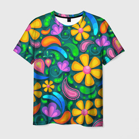 Мужская футболка 3D с принтом ЯРКИЕ ЦВЕТЫ в Новосибирске, 100% полиэфир | прямой крой, круглый вырез горловины, длина до линии бедер | flower | neon | букет | васильки | вввесна | ландыши | лепестки | лето | пестрый | природа | ромашки | текстуры орнамент | цветы | яркие