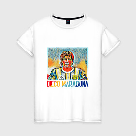 Женская футболка хлопок с принтом Diego Maradona в Новосибирске, 100% хлопок | прямой крой, круглый вырез горловины, длина до линии бедер, слегка спущенное плечо | argentina | football | maradona | messi | аргентина | гол | диего | марадона | месси | мяч | рука бога | спорт | футбол | чемпион
