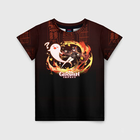 Детская футболка 3D с принтом Genshin Impact - Hu Tao в Новосибирске, 100% гипоаллергенный полиэфир | прямой крой, круглый вырез горловины, длина до линии бедер, чуть спущенное плечо, ткань немного тянется | Тематика изображения на принте: anime | fire | firefly | game | gamer | genshin | genshin impact | hu tao | hutao | impact | аниме | архонт | ваншу | геншин | геншин импакт | дилюк | импакт | ли юэ | огонь | призрак | ху тао | хутао