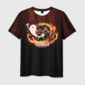 Мужская футболка 3D с принтом Genshin Impact - Hu Tao в Новосибирске, 100% полиэфир | прямой крой, круглый вырез горловины, длина до линии бедер | anime | fire | firefly | game | gamer | genshin | genshin impact | hu tao | hutao | impact | аниме | архонт | ваншу | геншин | геншин импакт | дилюк | импакт | ли юэ | огонь | призрак | ху тао | хутао