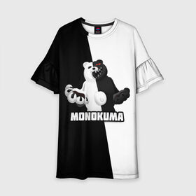 Детское платье 3D с принтом МОНОКУМА в Новосибирске, 100% полиэстер | прямой силуэт, чуть расширенный к низу. Круглая горловина, на рукавах — воланы | anime | danganronpa | enoshima | junko | monokuma | аниме | джунко | игра | манга | медведь | монокума | робот медведь | эношима