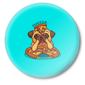 Значок с принтом Мопс с пиццей в Новосибирске,  металл | круглая форма, металлическая застежка в виде булавки | Тематика изображения на принте: pizza | мопс с пиццей | пицца | пицца с колбасой | собака с пиццей