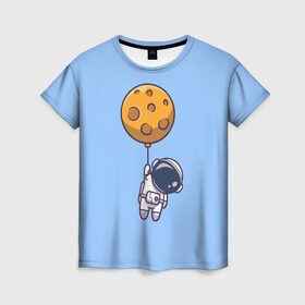 Женская футболка 3D с принтом Космонавт с шариком в Новосибирске, 100% полиэфир ( синтетическое хлопкоподобное полотно) | прямой крой, круглый вырез горловины, длина до линии бедер | cosmonaut | граффити | космонавт | космонавт с шариком | космос | милый космонавт | рисунок | шарик планета