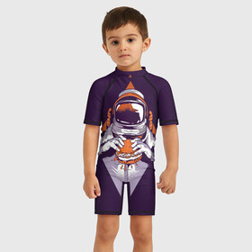 Детский купальный костюм 3D с принтом Космонавт ест бургер в Новосибирске, Полиэстер 85%, Спандекс 15% | застежка на молнии на спине | cosmonaut | граффити | космонавт | космонавт ест бургер | космос | рисунок | тату | татуировки | фиолетовый фон