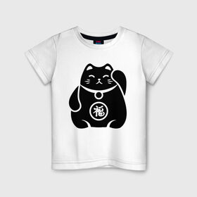 Детская футболка хлопок с принтом Манэки-нэко жирный в Новосибирске, 100% хлопок | круглый вырез горловины, полуприлегающий силуэт, длина до линии бедер | животное | зверь | кот | кот качает лапой | кошка | манэки нэко | чёрно белый рисунок