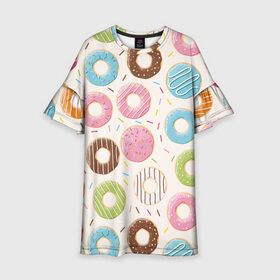 Детское платье 3D с принтом Пончики / Donuts в Новосибирске, 100% полиэстер | прямой силуэт, чуть расширенный к низу. Круглая горловина, на рукавах — воланы | bagel | cookies | donut | pastry | pie | ring | бублик | выпечка | колечко | печенье | пирожок | пончик