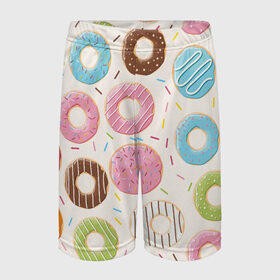 Детские спортивные шорты 3D с принтом Пончики / Donuts в Новосибирске,  100% полиэстер
 | пояс оформлен широкой мягкой резинкой, ткань тянется
 | Тематика изображения на принте: bagel | cookies | donut | pastry | pie | ring | бублик | выпечка | колечко | печенье | пирожок | пончик