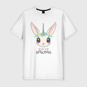 Мужская футболка хлопок Slim с принтом Кролик-единорог в Новосибирске, 92% хлопок, 8% лайкра | приталенный силуэт, круглый вырез ворота, длина до линии бедра, короткий рукав | Тематика изображения на принте: animals | bunny | unicorn | единорог | животные | кролик
