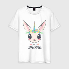 Мужская футболка хлопок с принтом Кролик-единорог в Новосибирске, 100% хлопок | прямой крой, круглый вырез горловины, длина до линии бедер, слегка спущенное плечо. | Тематика изображения на принте: animals | bunny | unicorn | единорог | животные | кролик
