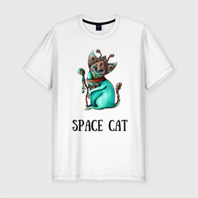 Мужская футболка хлопок Slim с принтом Space cat в Новосибирске, 92% хлопок, 8% лайкра | приталенный силуэт, круглый вырез ворота, длина до линии бедра, короткий рукав | cat | space | инопланетянин | киска | космос | кошка