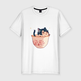Мужская футболка хлопок Slim с принтом Котик Сян Лин в Новосибирске, 92% хлопок, 8% лайкра | приталенный силуэт, круглый вырез ворота, длина до линии бедра, короткий рукав | арт | кружка | кружка чая | милая девушка | неко | рисунок | сян лин | чашка