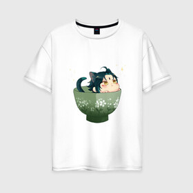 Женская футболка хлопок Oversize с принтом Котик Сяо в Новосибирске, 100% хлопок | свободный крой, круглый ворот, спущенный рукав, длина до линии бедер
 | арт | кружка | кружка чая | милый парень | неко | рисунок | сяо | чашка