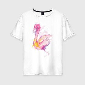 Женская футболка хлопок Oversize с принтом Фламинго рисунок акварелью в Новосибирске, 100% хлопок | свободный крой, круглый ворот, спущенный рукав, длина до линии бедер
 | africa | afrika | aquarel | bird | fashion | flamingo | paint | painted | pink flamingo | summer | watercolor | watercolour | акварельный рисунок | африка | красками | краски | лето | мода | нарисованный фламинго | птица | розовый фламинго | 
