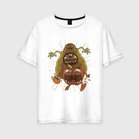Женская футболка хлопок Oversize с принтом Авокадо Монстр в Новосибирске, 100% хлопок | свободный крой, круглый ворот, спущенный рукав, длина до линии бедер
 | apple | avocado merch | avocado monster | avocado мерч | cute | horror | merchandise | vegan | авокадо зомби | авокадо мерч | адвокадо | веган | гуакамоле | косточка | милота | огромный авокадо | ужас | ужасы | фрукты | хоррор
