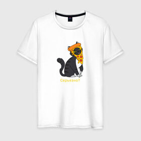 Мужская футболка хлопок с принтом Забавный кот в Новосибирске, 100% хлопок | прямой крой, круглый вырез горловины, длина до линии бедер, слегка спущенное плечо. | животные | кот | котенок | пицца | смешной кот