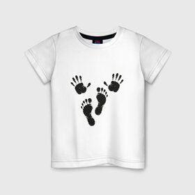 Детская футболка хлопок с принтом Руки-ноги в Новосибирске, 100% хлопок | круглый вырез горловины, полуприлегающий силуэт, длина до линии бедер | ноги | отпечатки | руки | руки ноги | черное лого | черные отпечатки | черный принт