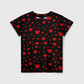 Детская футболка 3D с принтом Красные сердца в Новосибирске, 100% гипоаллергенный полиэфир | прямой крой, круглый вырез горловины, длина до линии бедер, чуть спущенное плечо, ткань немного тянется | Тематика изображения на принте: heart | love | red | red hearts. | градиент | день святого валентина | красные сердечки | красный | любовь | много сердечек | перламутр | сердце