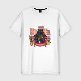 Мужская футболка хлопок Slim с принтом Толстый кот на балконе в Новосибирске, 92% хлопок, 8% лайкра | приталенный силуэт, круглый вырез ворота, длина до линии бедра, короткий рукав | balcony | black cat | cat | cat merch | chubby | fat | kitten | kitty | бегемот | бигимот | бургер | гамбургер | городской пейзаж | кот в кресле | кот мерч | котик | кошка | мастер и маргарита | прикол | приколы с котами