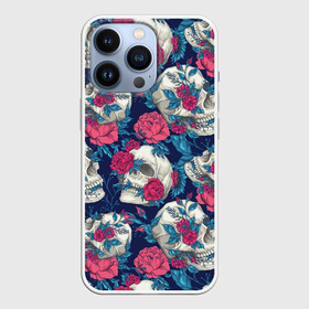 Чехол для iPhone 13 Pro с принтом Реалистичные черепа с розами в Новосибирске,  |  | flower | flowers | gothic | pattern | roses | skull | skull merch | tattoo | букет | готика | дизайн с черепами | красные розы | паттерн | принт с черепами | рисунок черепа | роза | розы | татуировка | узор | флора | цветы | череп