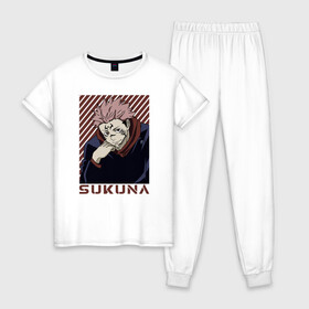 Женская пижама хлопок с принтом Сукуна в Новосибирске, 100% хлопок | брюки и футболка прямого кроя, без карманов, на брюках мягкая резинка на поясе и по низу штанин | gojo | jujutsu | jutsu kaisen | satoru | sukuna | yuji itadori | битва | годжо | демон | итадори | магическая | рёмен | сакуна | сатору | сукуна | сукуно | юдзи