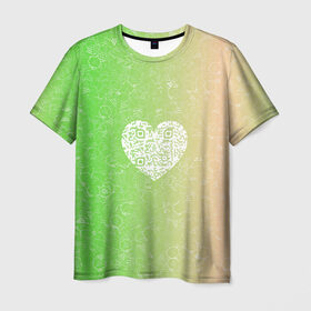 Мужская футболка 3D с принтом Сердечко АПВ 5ЗП в Новосибирске, 100% полиэфир | прямой крой, круглый вырез горловины, длина до линии бедер | qr код | амулет | антивирус | антидепрессант | антистресс | градиент | зеленый | иммуномодулятор | коллаж | оберег | персиковый | сердечко | талисман